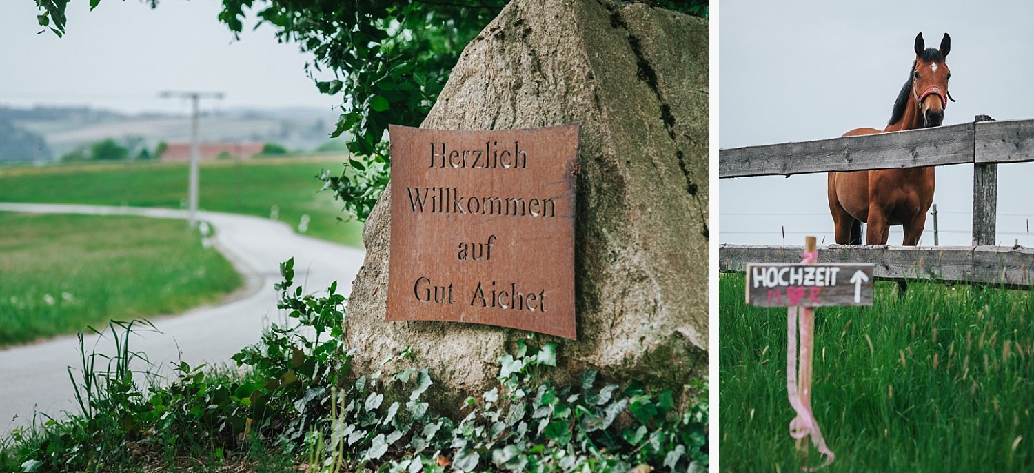 freie Trauung auf Gut Aichet, Willkommensschild und Pferd