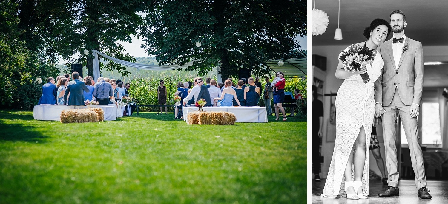 Hochzeit in Dobbrikow, die Gäste warten auf das Brautpaar, Brautpaar schaut zu den Gästen