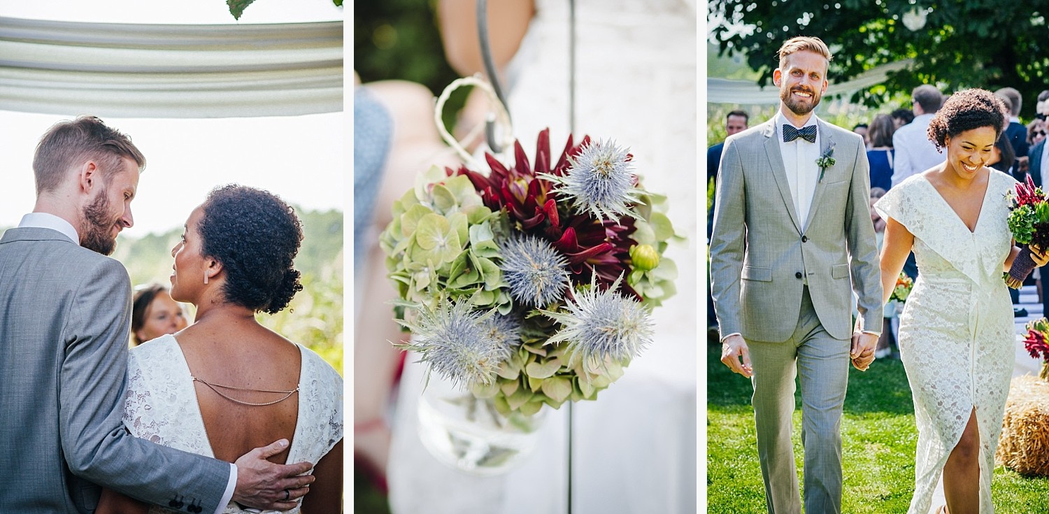 Hochzeit in Dobbrikow, Brautpaar bei freier Trauung, Auszug des Brautpaares und Detailaufnahme von Blumen